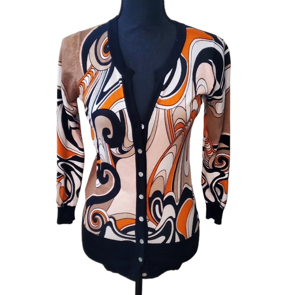 Vintage Roz & Ali‎ Op Art Cardigan Sweater Size S V Neck Avant-garde Hypnotic